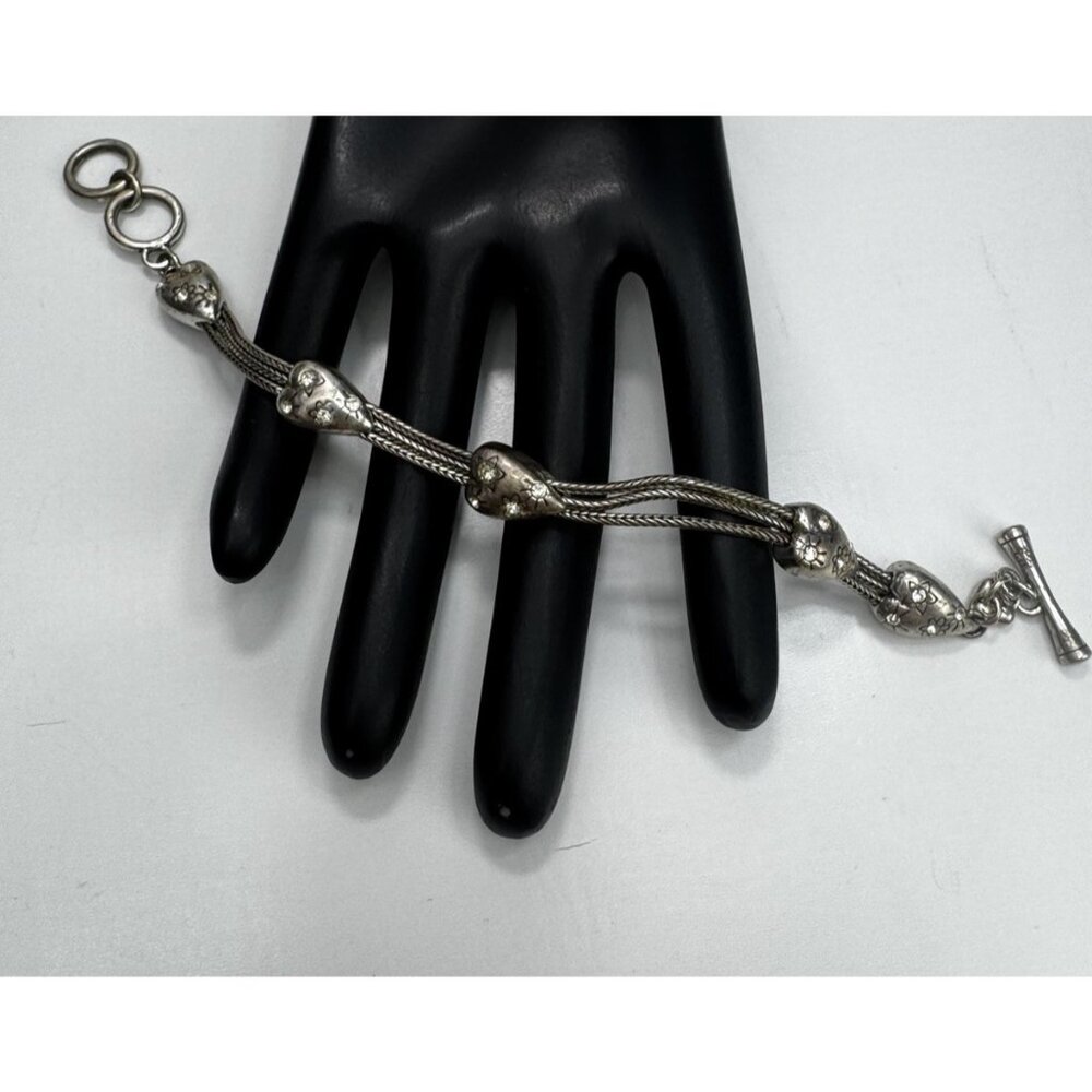 Brighton Silver Floral Heart Bracelet Size 7.25 Multi Strand Toggle Closure